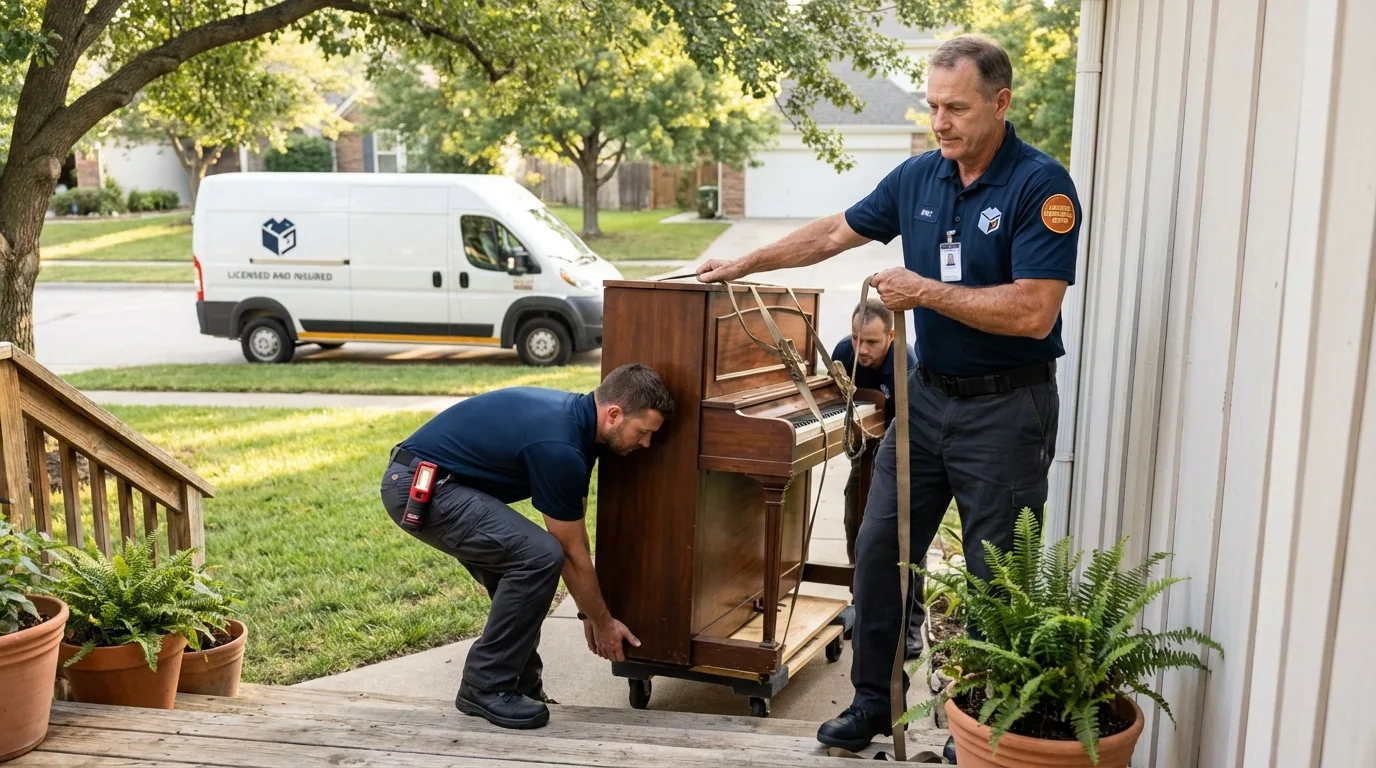 Licensed piano movers securing grand piano in Palermo, CA