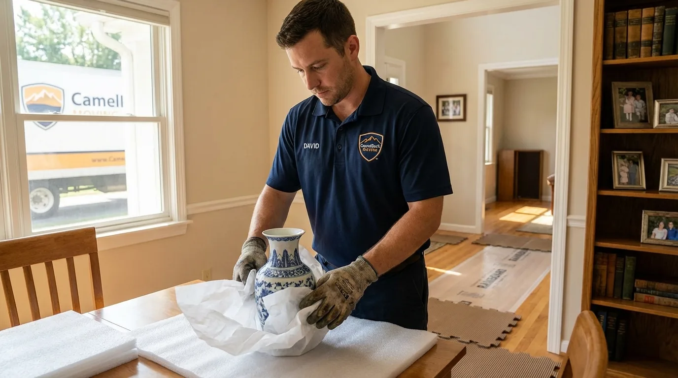 Professional crew carefully wrapping antique vase for senior downsizing move in Palermo, CA